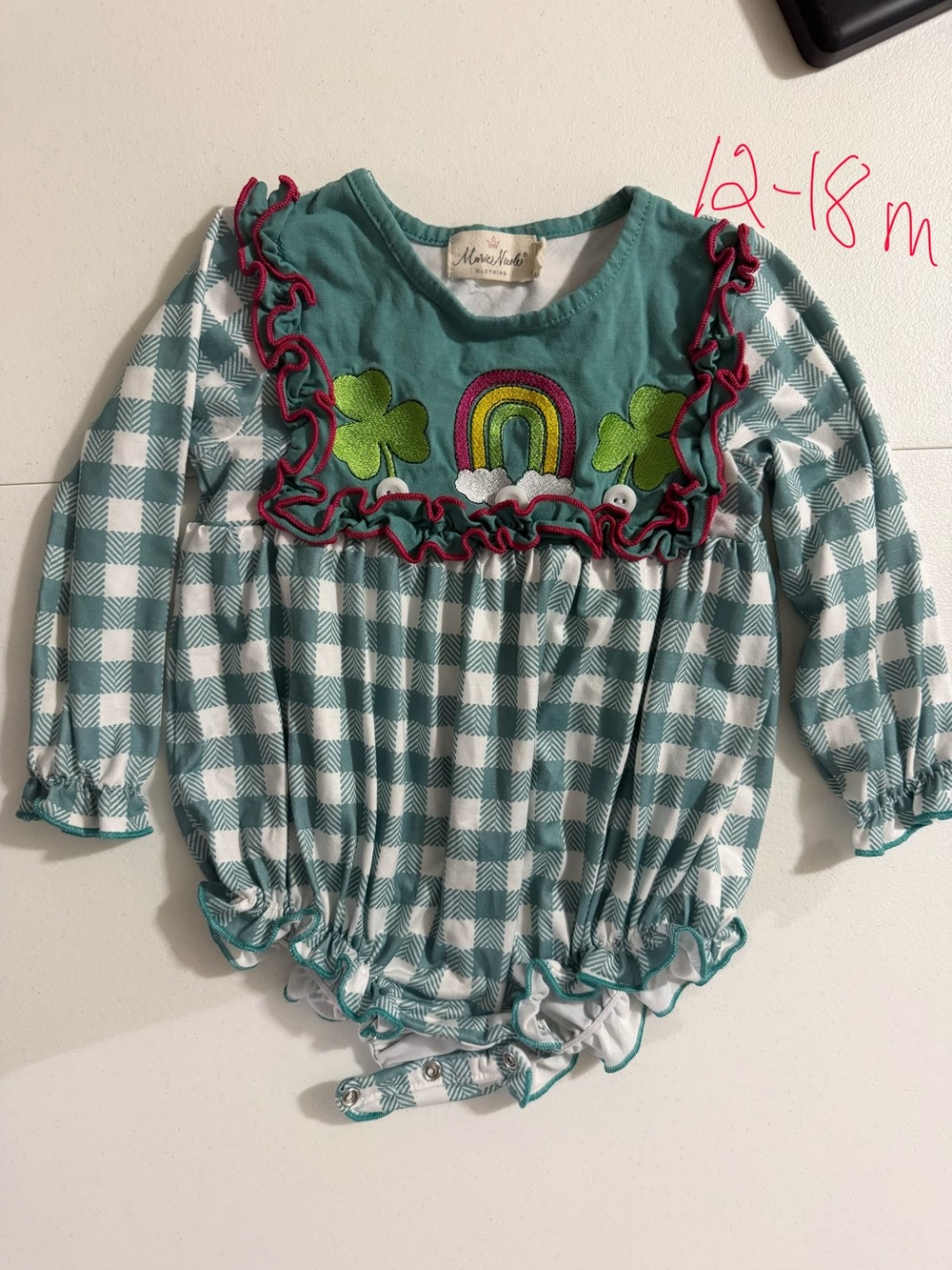 Teal Gingham Baby Romper with Rainbow & Shamrock Appliqué